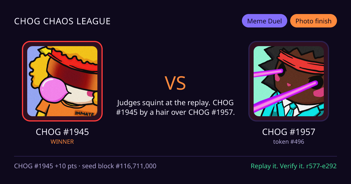 Highlight card: CHOG #1945 versus CHOG #1957