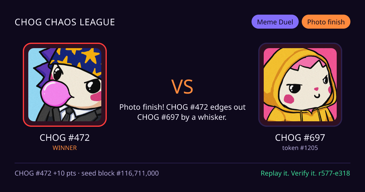 Highlight card: CHOG #472 versus CHOG #697