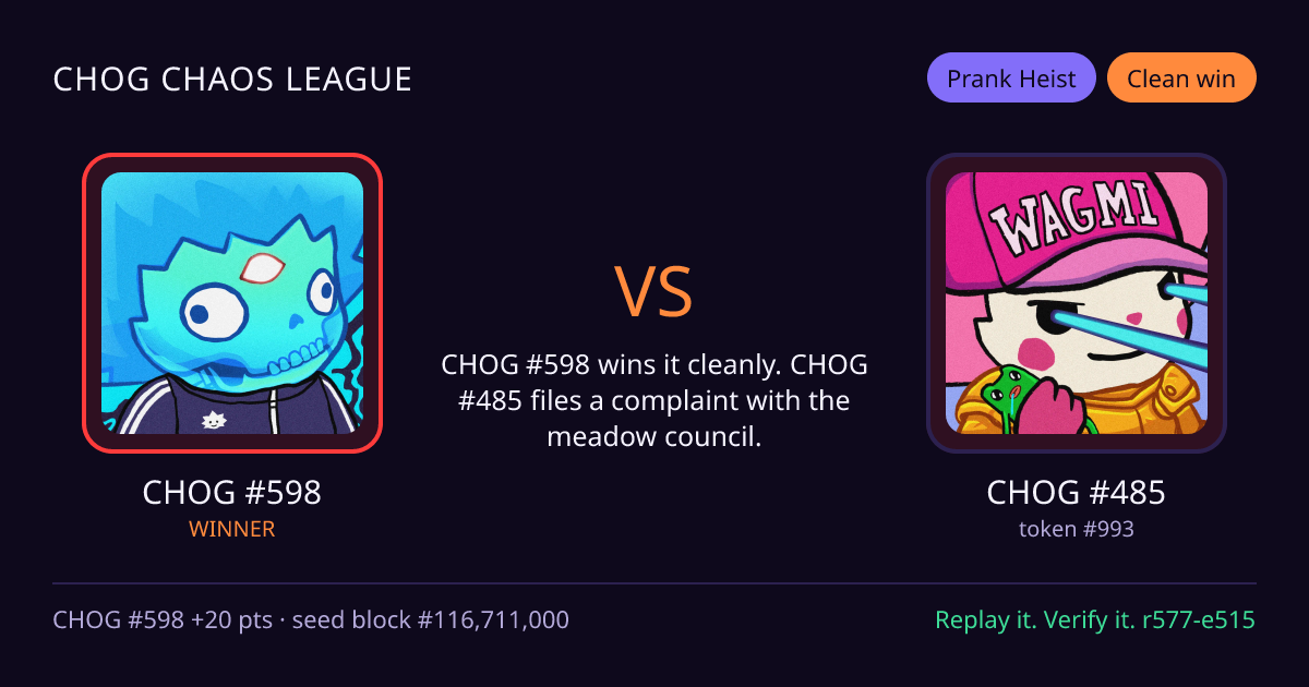 Highlight card: CHOG #598 versus CHOG #485