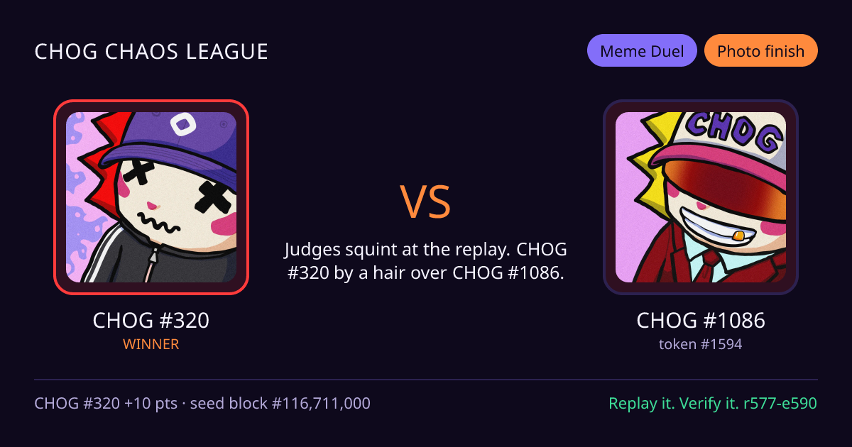 Highlight card: CHOG #320 versus CHOG #1086