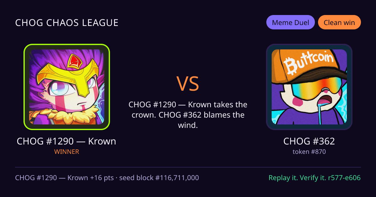 Highlight card: CHOG #1290 — Krown versus CHOG #362
