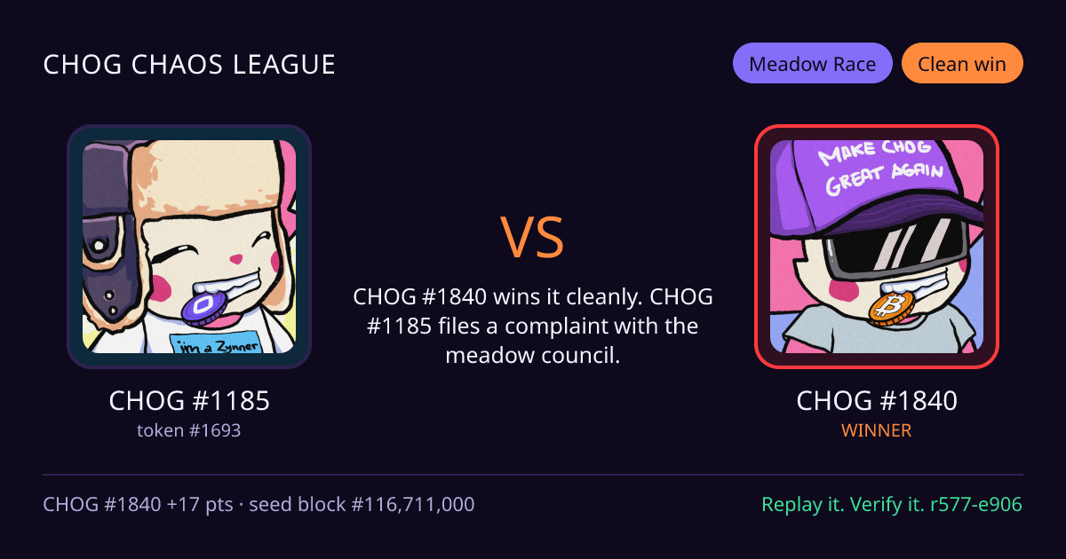 Highlight card: CHOG #1185 versus CHOG #1840