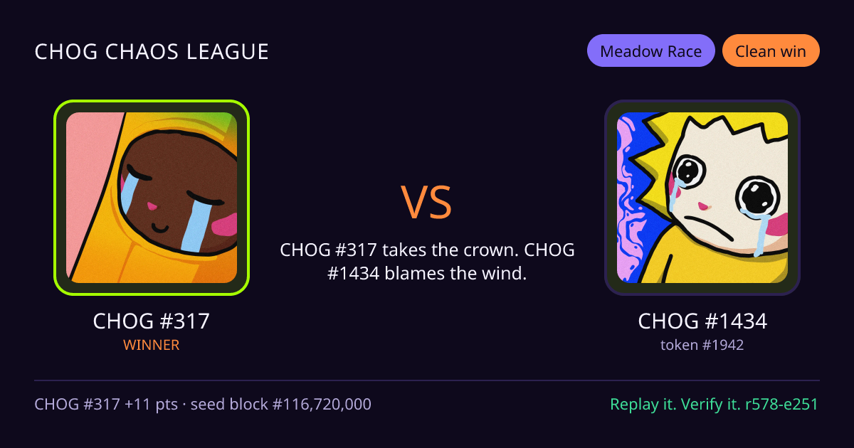 Highlight card: CHOG #317 versus CHOG #1434