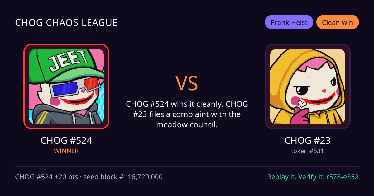 Highlight card: CHOG #524 versus CHOG #23