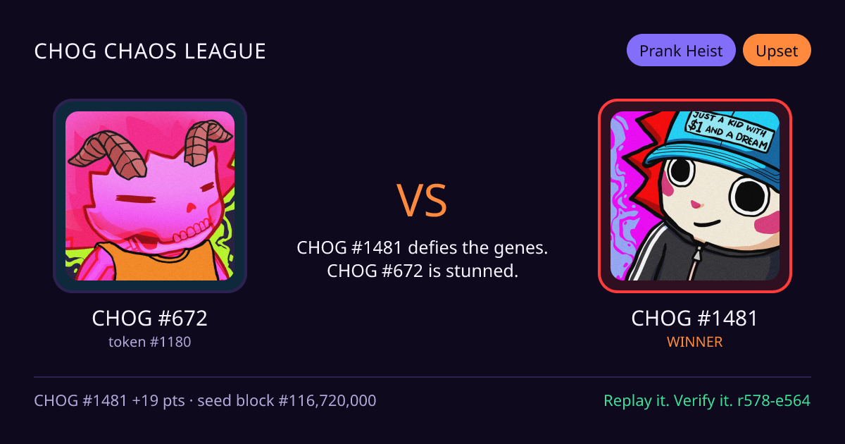 Highlight card: CHOG #672 versus CHOG #1481