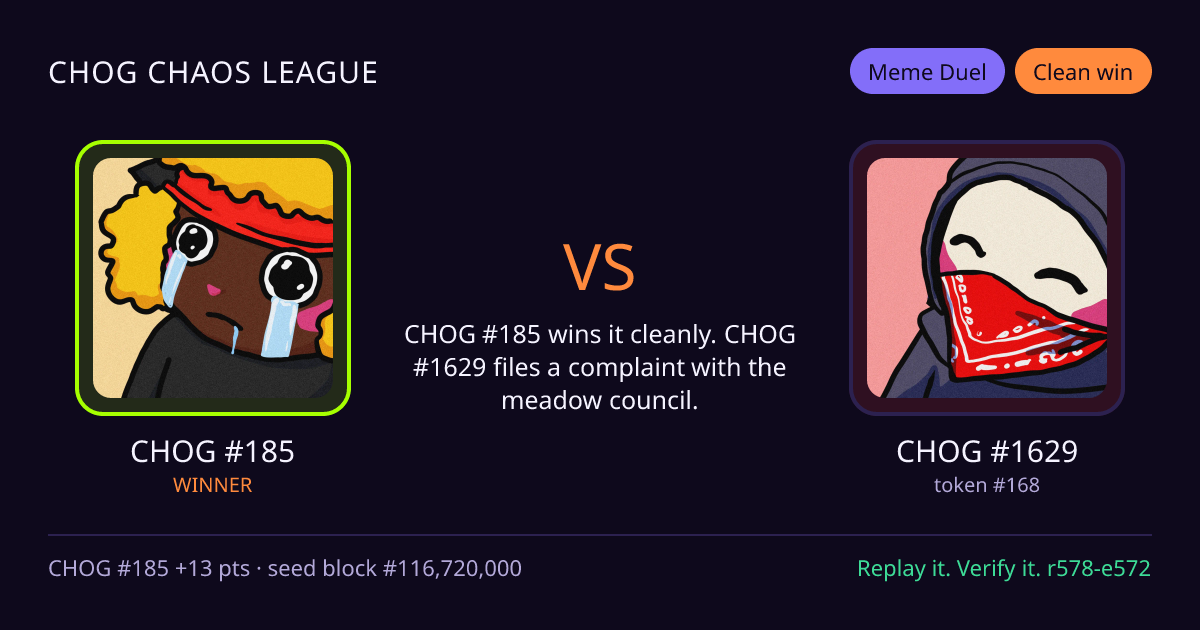 Highlight card: CHOG #185 versus CHOG #1629