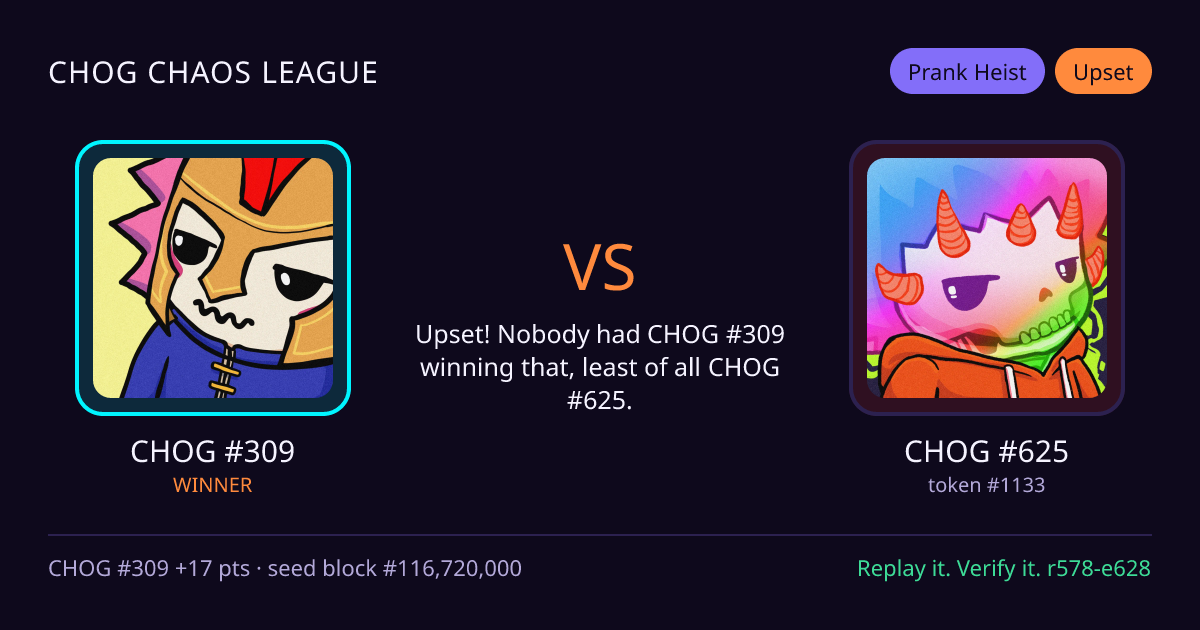 Highlight card: CHOG #309 versus CHOG #625