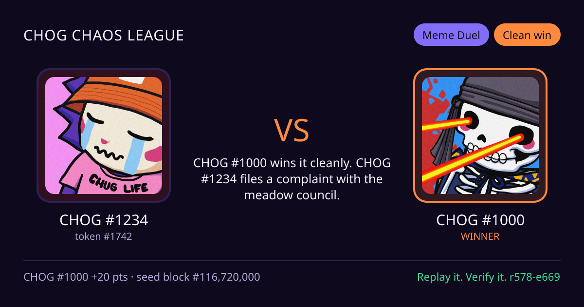 Highlight card: CHOG #1234 versus CHOG #1000