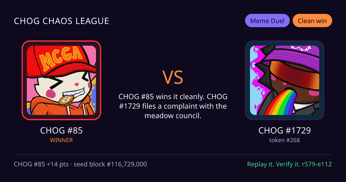 Highlight card: CHOG #85 versus CHOG #1729