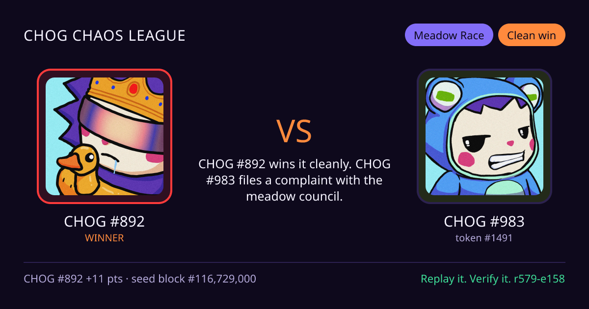 Highlight card: CHOG #892 versus CHOG #983
