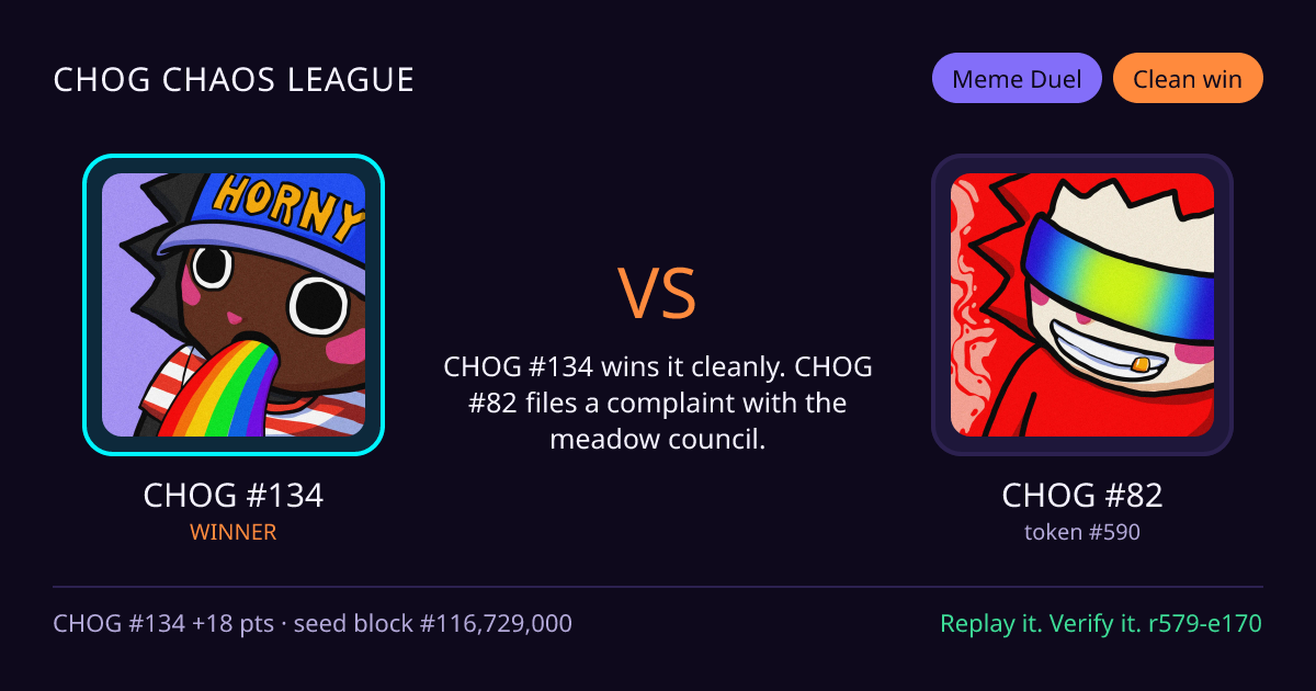 Highlight card: CHOG #134 versus CHOG #82