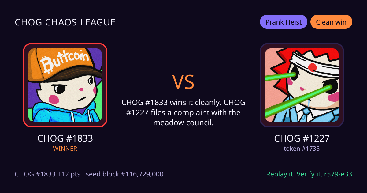 Highlight card: CHOG #1833 versus CHOG #1227