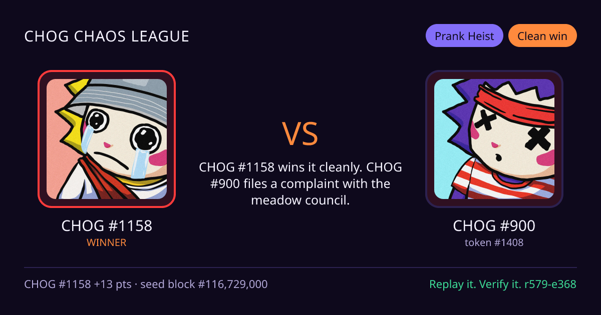 Highlight card: CHOG #1158 versus CHOG #900