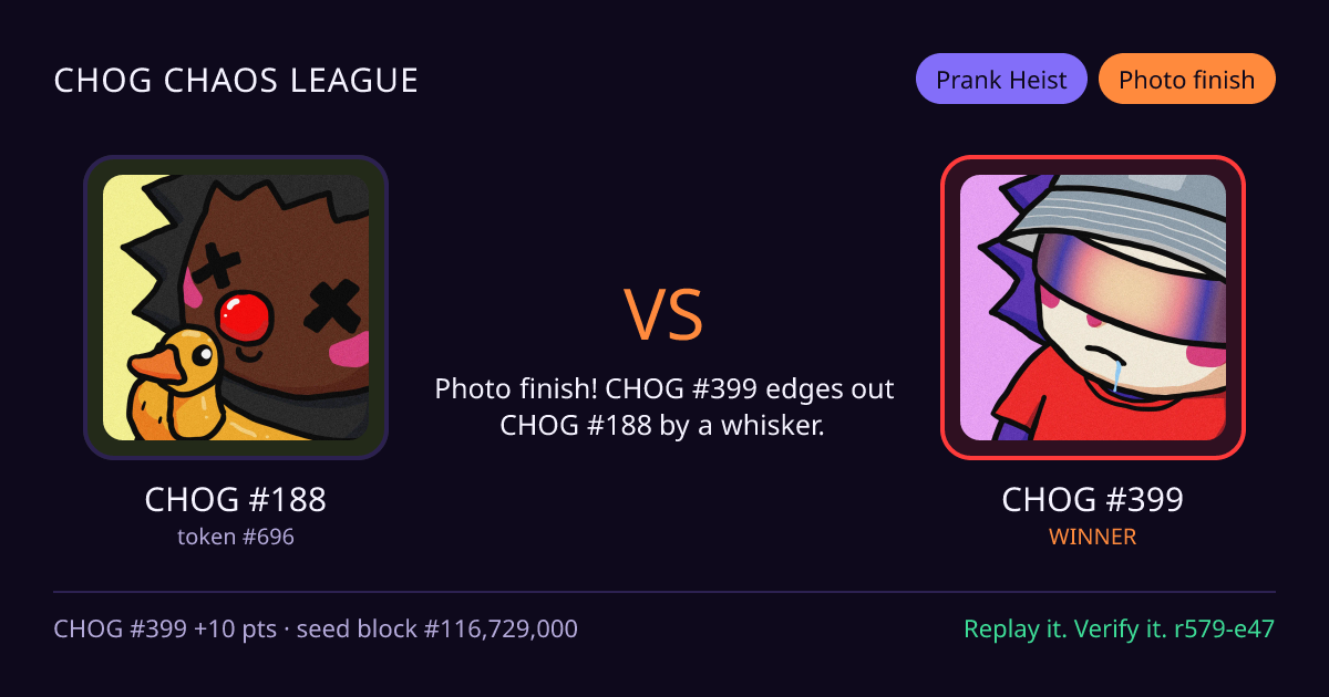 Highlight card: CHOG #188 versus CHOG #399