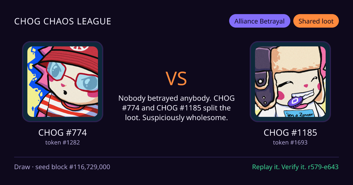Highlight card: CHOG #774 versus CHOG #1185