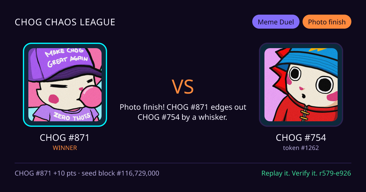 Highlight card: CHOG #871 versus CHOG #754