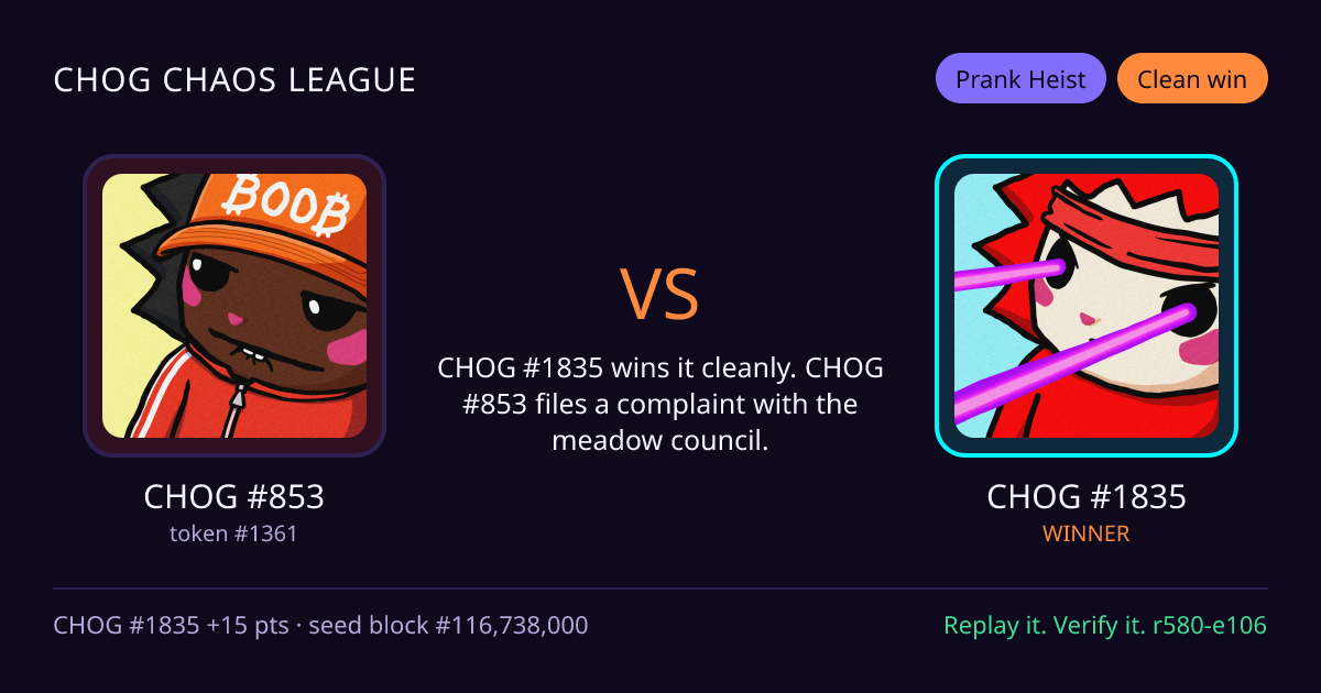 Highlight card: CHOG #853 versus CHOG #1835