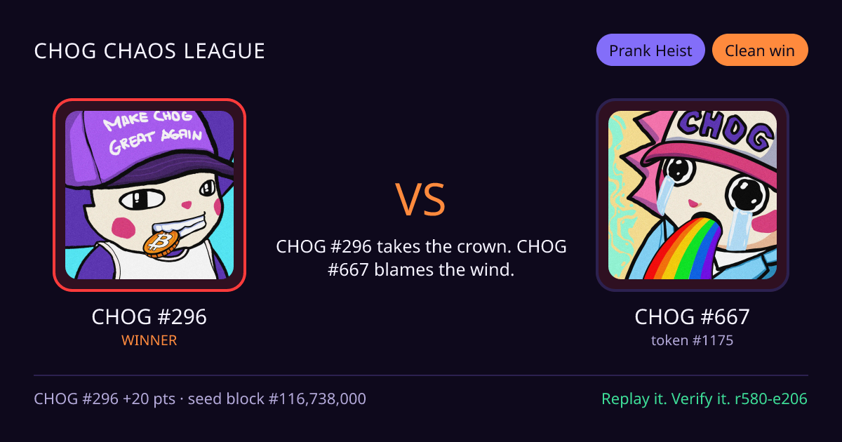 Highlight card: CHOG #296 versus CHOG #667