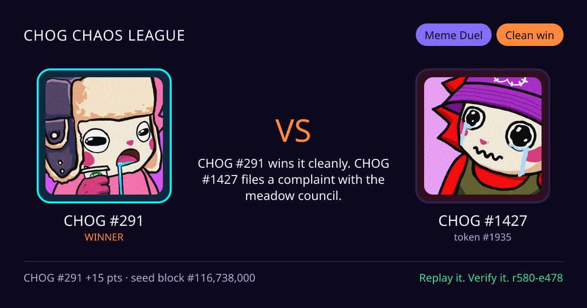 Highlight card: CHOG #291 versus CHOG #1427