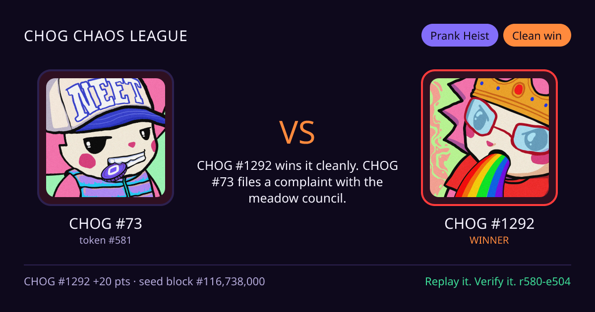 Highlight card: CHOG #73 versus CHOG #1292