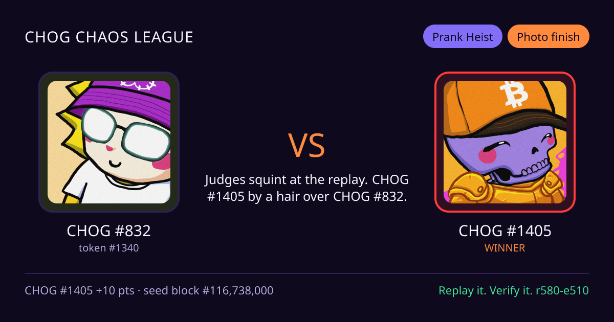 Highlight card: CHOG #832 versus CHOG #1405
