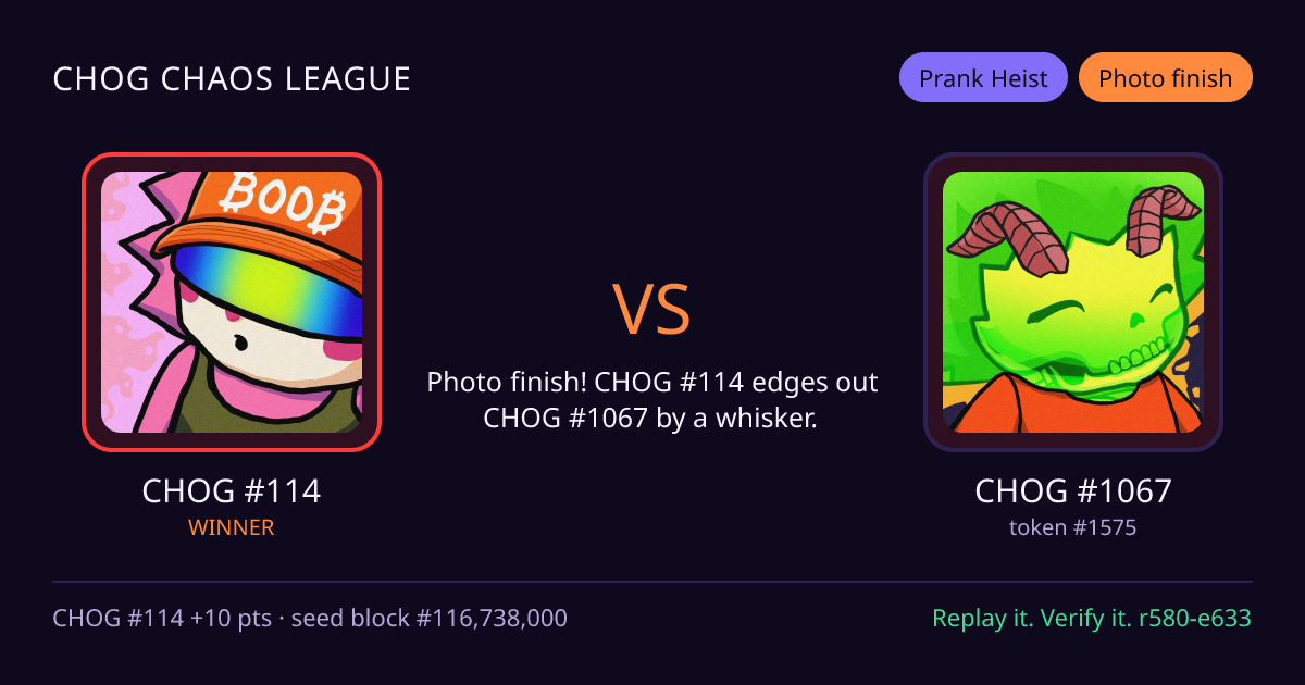 Highlight card: CHOG #114 versus CHOG #1067