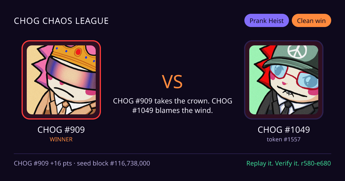 Highlight card: CHOG #909 versus CHOG #1049