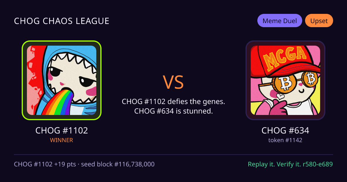 Highlight card: CHOG #1102 versus CHOG #634