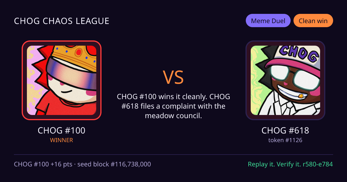 Highlight card: CHOG #100 versus CHOG #618