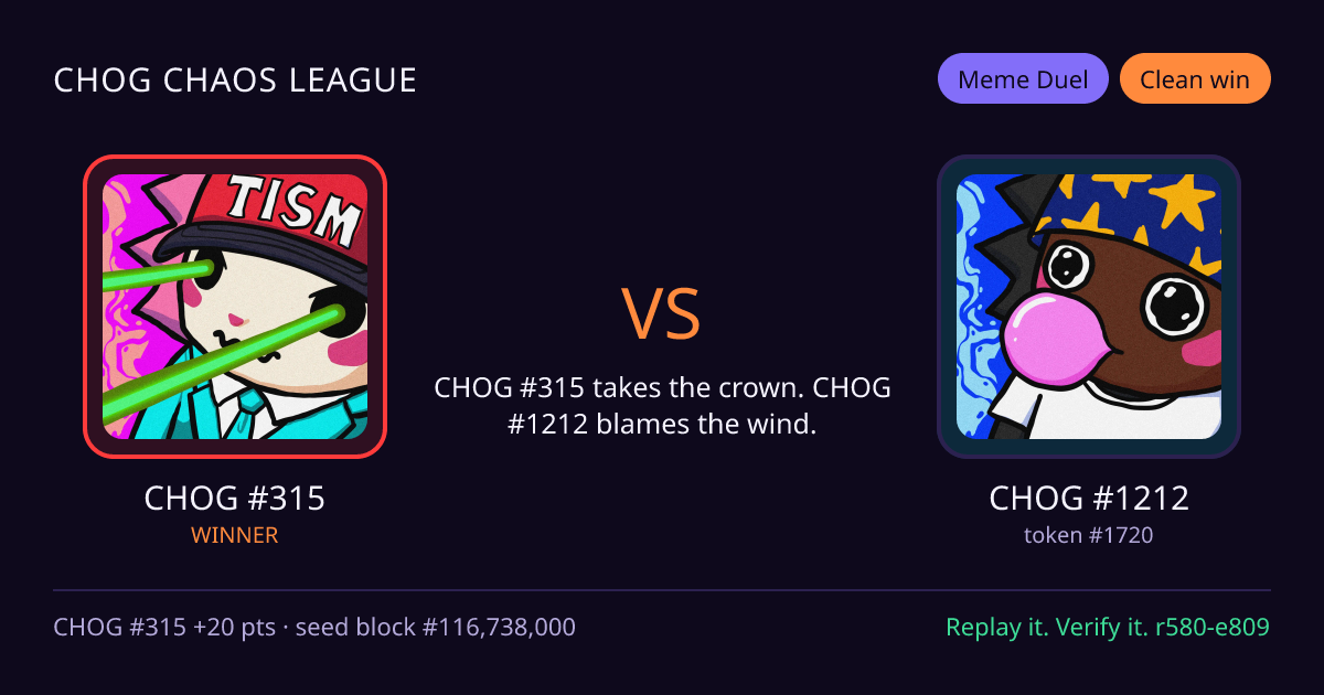 Highlight card: CHOG #315 versus CHOG #1212