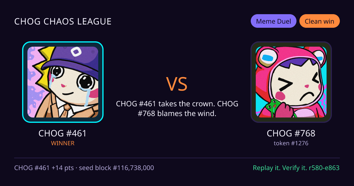 Highlight card: CHOG #461 versus CHOG #768