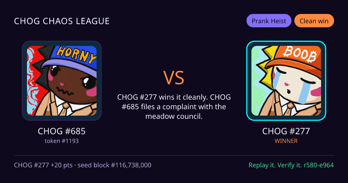 Highlight card: CHOG #685 versus CHOG #277