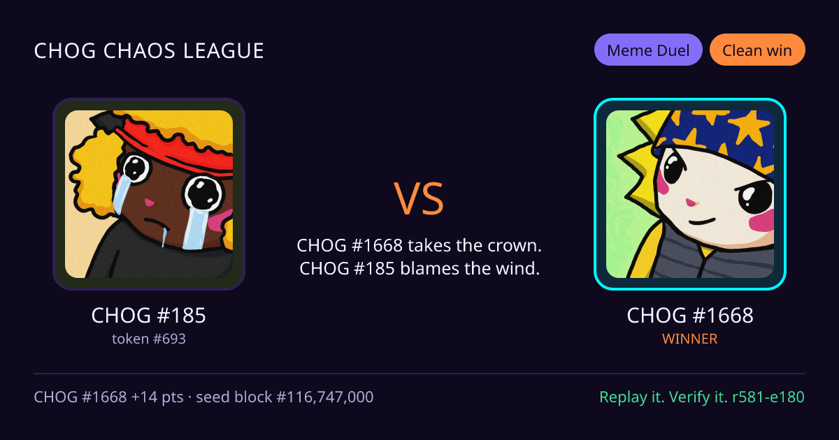 Highlight card: CHOG #185 versus CHOG #1668