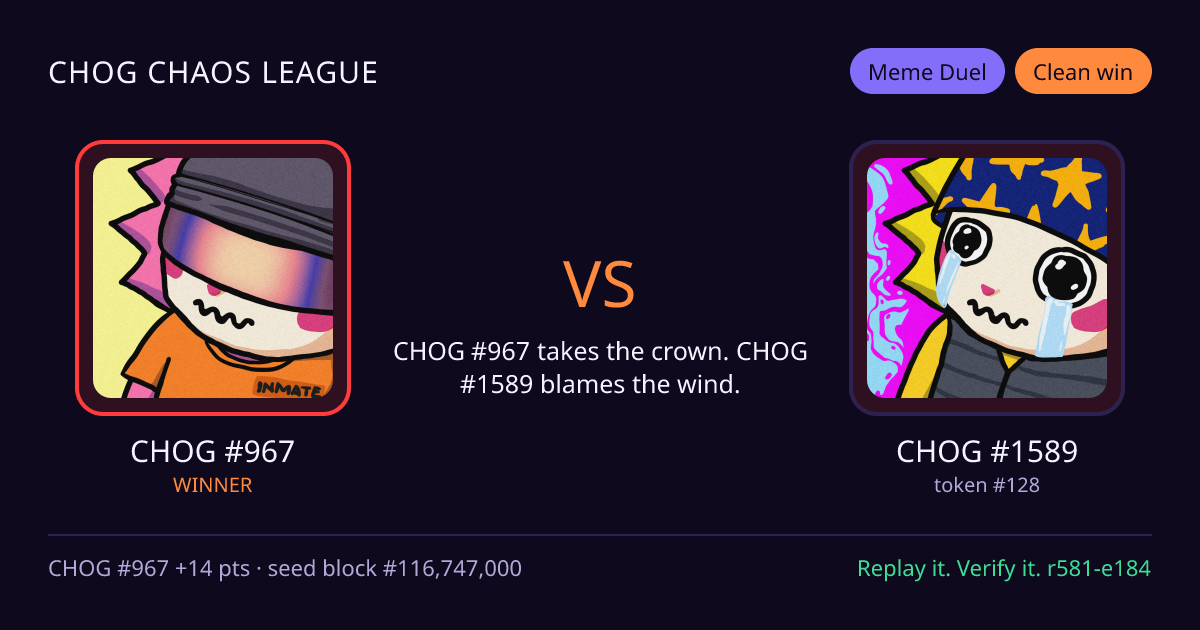 Highlight card: CHOG #967 versus CHOG #1589