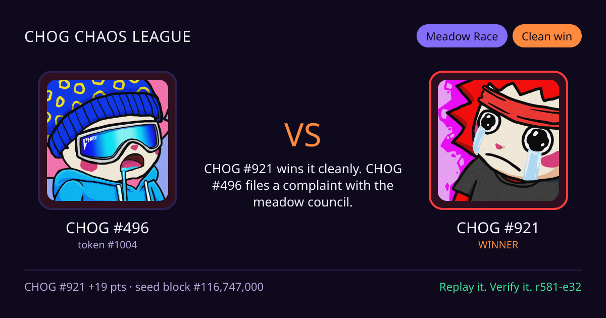 Highlight card: CHOG #496 versus CHOG #921
