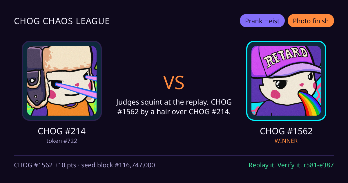 Highlight card: CHOG #214 versus CHOG #1562