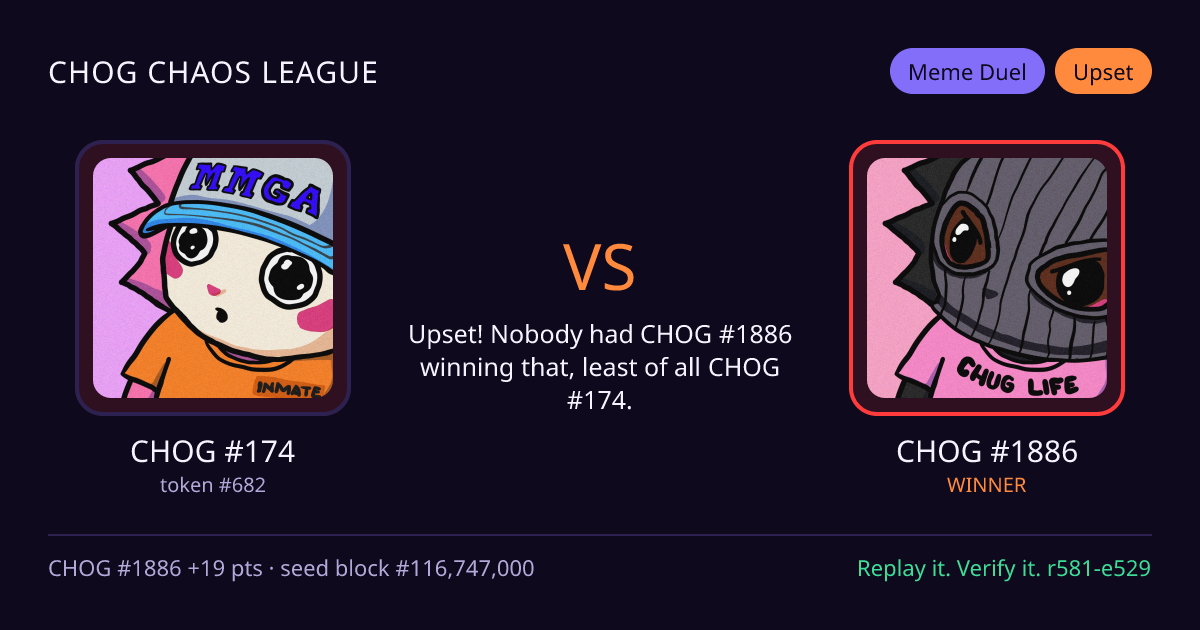 Highlight card: CHOG #174 versus CHOG #1886