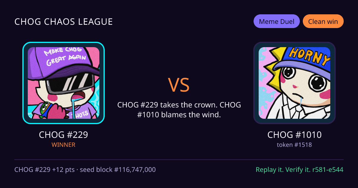 Highlight card: CHOG #229 versus CHOG #1010
