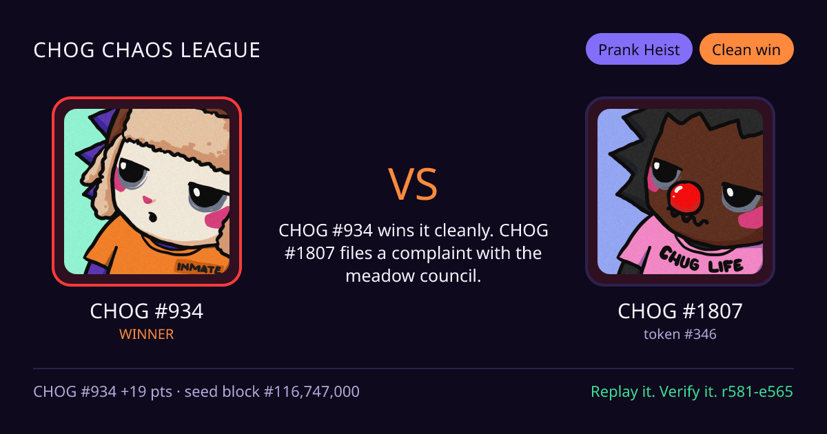 Highlight card: CHOG #934 versus CHOG #1807
