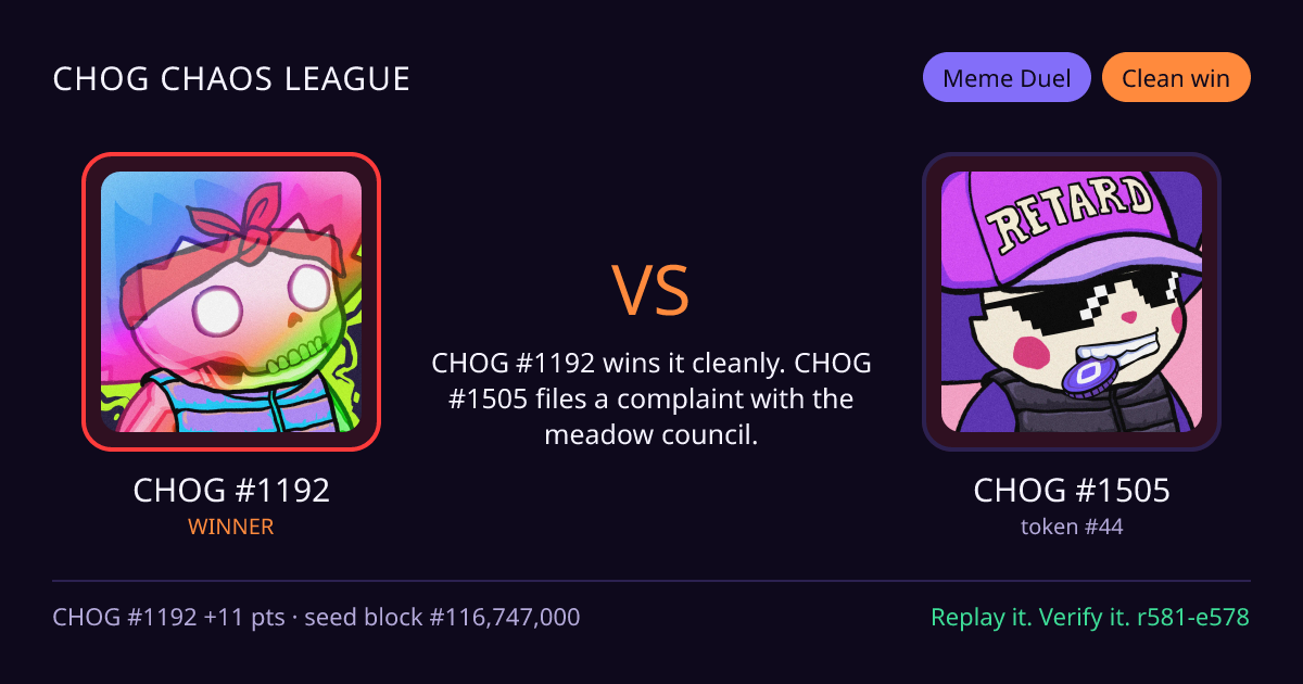 Highlight card: CHOG #1192 versus CHOG #1505