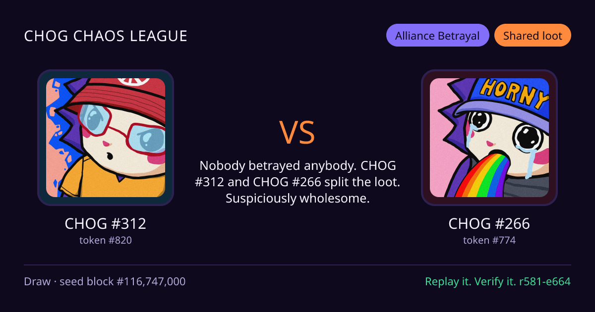 Highlight card: CHOG #312 versus CHOG #266
