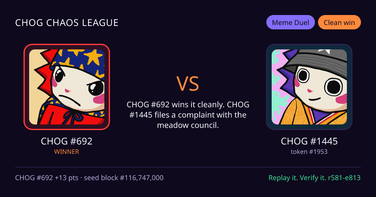 Highlight card: CHOG #692 versus CHOG #1445