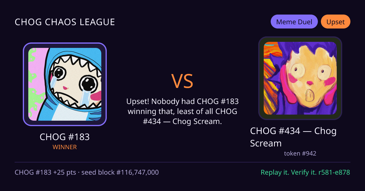 Highlight card: CHOG #183 versus CHOG #434 — Chog Scream