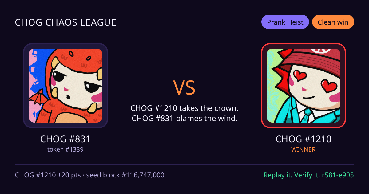 Highlight card: CHOG #831 versus CHOG #1210