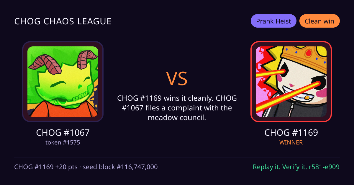 Highlight card: CHOG #1067 versus CHOG #1169