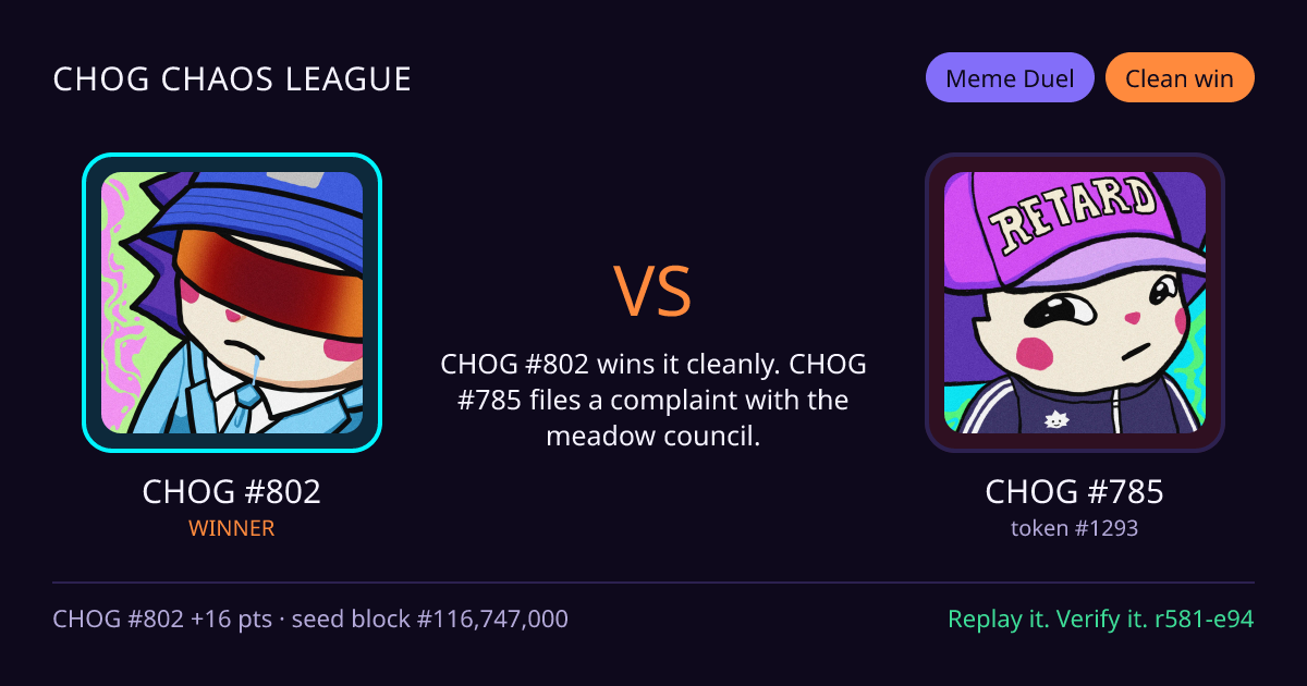 Highlight card: CHOG #802 versus CHOG #785