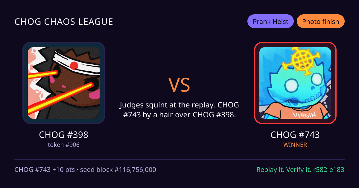 Highlight card: CHOG #398 versus CHOG #743