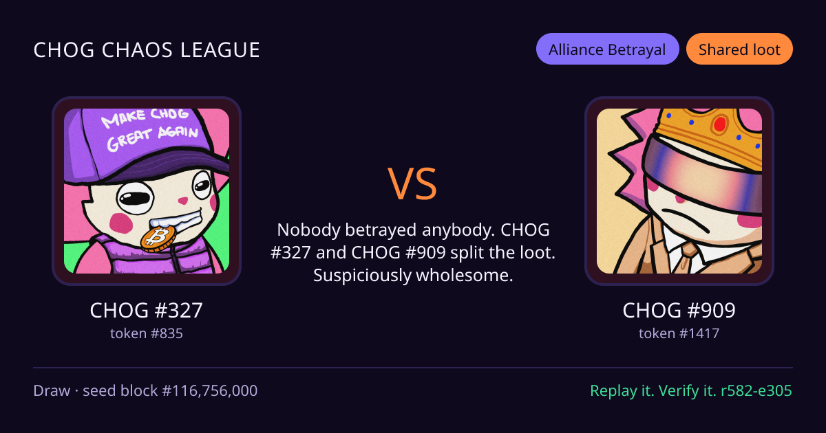 Highlight card: CHOG #327 versus CHOG #909