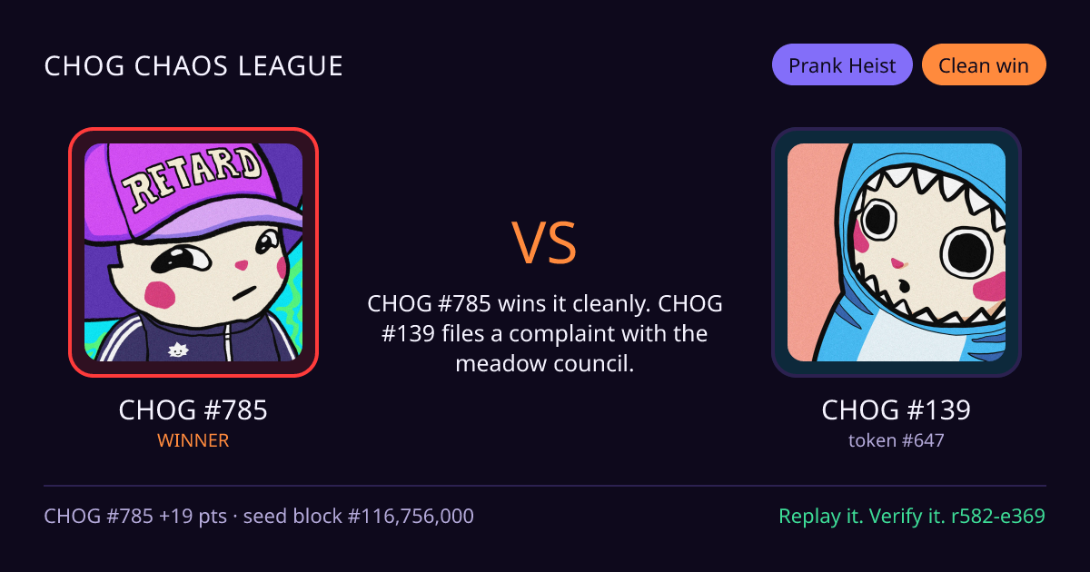 Highlight card: CHOG #785 versus CHOG #139