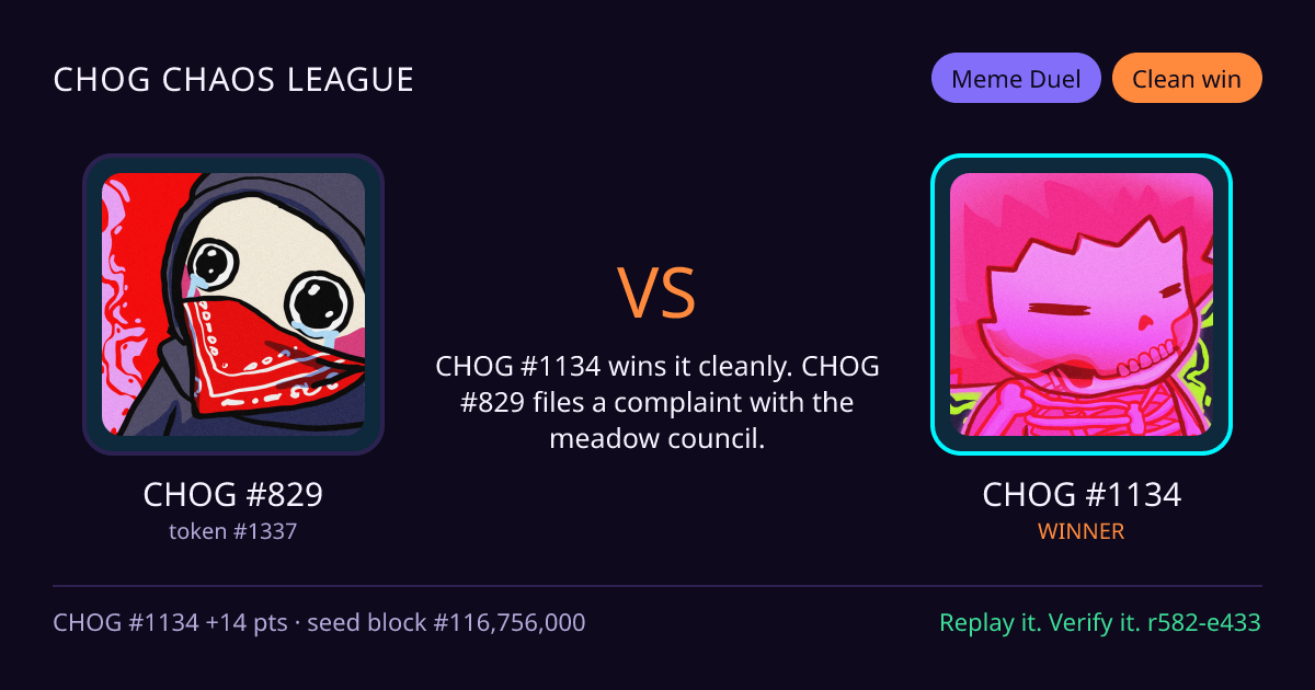 Highlight card: CHOG #829 versus CHOG #1134